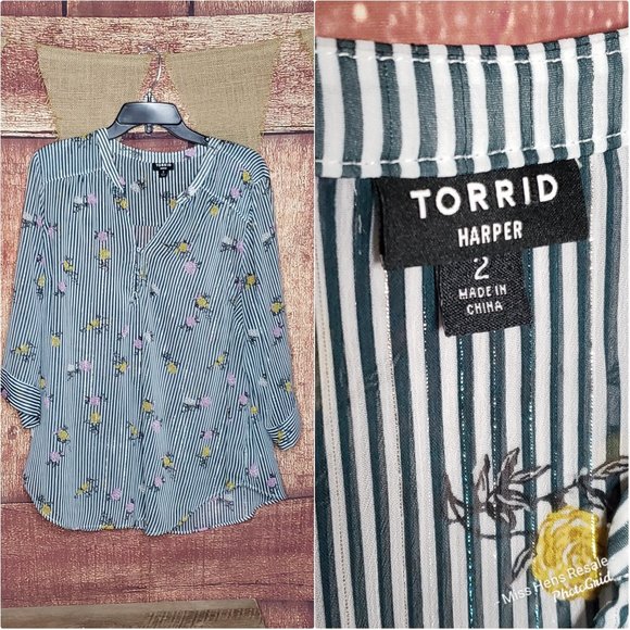 LIKE NEW TORRID HARPER SPARKLY GREEN FLORAL BUTTON UP STRIPE BLOUSE - Picture 3 of 11